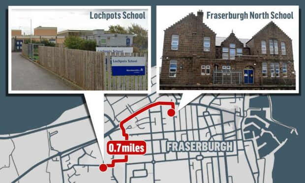 The map shows the distance shared head teacher needs to travel between Fraserburgh and Lochpots Schools