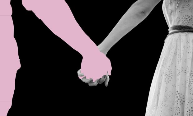 A graphic of two people holding hands