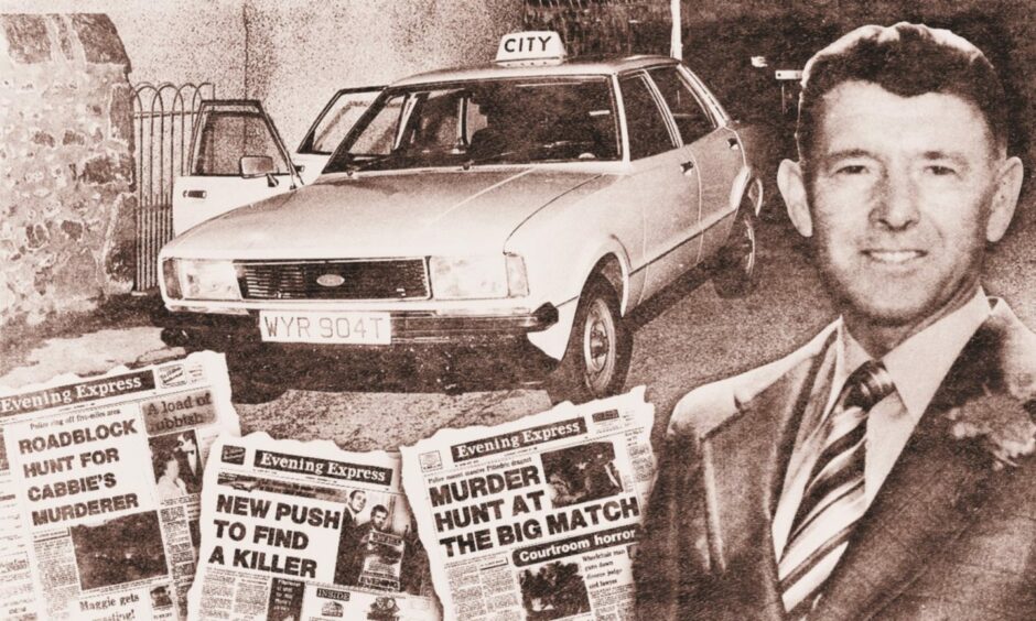 A collage of photographs from the George Murdoch/ cheesewire murder investigation, including newspaper front pages from the Evening Express, the taxi at the crime scene and a photo of George Murdoch