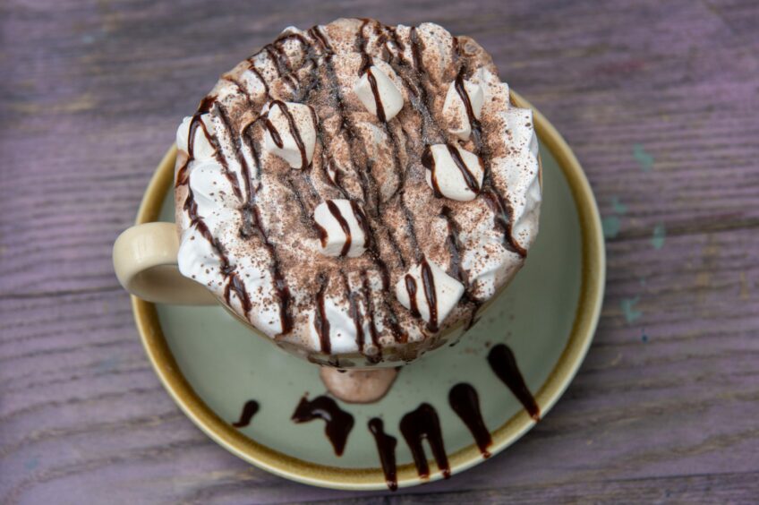 The hot chocolate served in a green cup and saucer bursting with cream and marshmallows