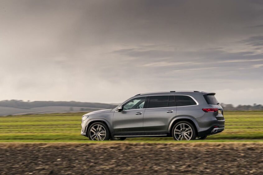 Mercedes GLS driving through the countryside