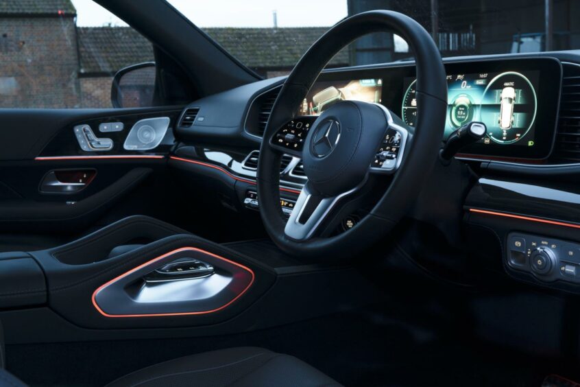 Mercedes GLS steering wheel and lit up dashboard