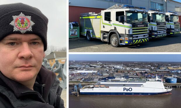 Mark Allan is helping take fire engines to Ukraine. P&O image from PA, fire engines from Sera.