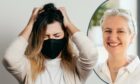Picture shows: Woman wearing face mask that looks very stressed. Other woman featured on right hand side is a psychotherapist.