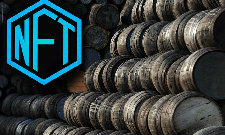 Barrels piled in front of neon blue NFT sign