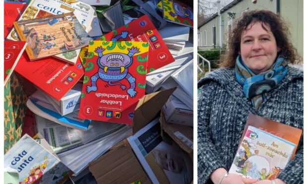 Collage showing books found in skip and Oban parent Alison Craig