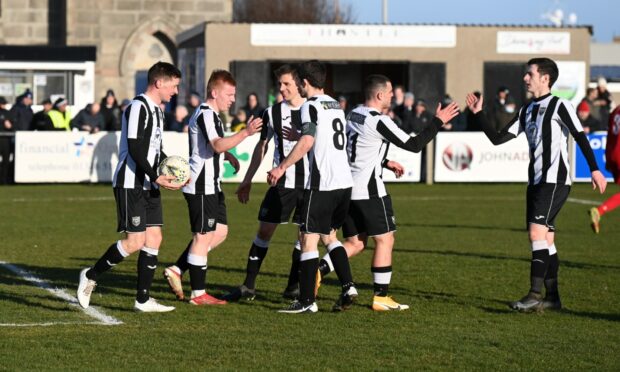 Fraserburgh celebrate their fifth goal against Deveronvale. Picture by Paul Glendell