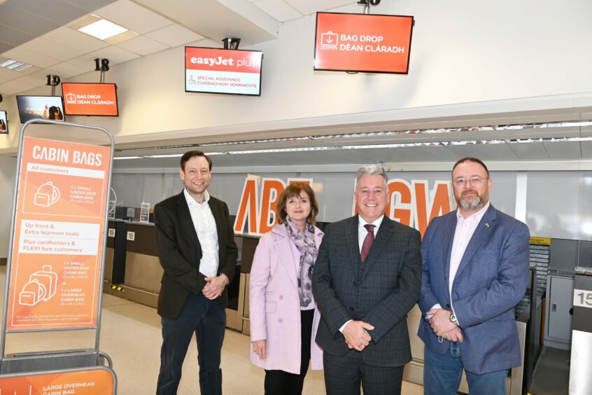 Liam Keir MSP ,Ali Gayward, of easyJet, Mark Beveridge, of Aberdeen International Airport, and David Duguid MP.