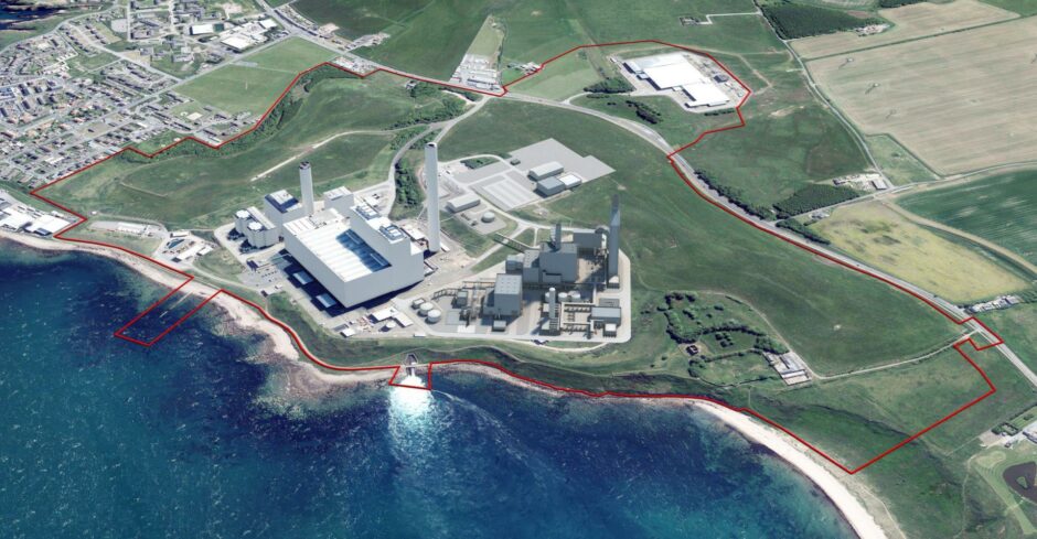 Artists impression of proposed Peterhead Carbon Capture Power Station next to the existing power station