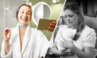 Laughing woman holding fake pregnancy test up to her phone to take a selfie, then next to her is a bereaved mother holding a teddy bear with an empty crib behind her