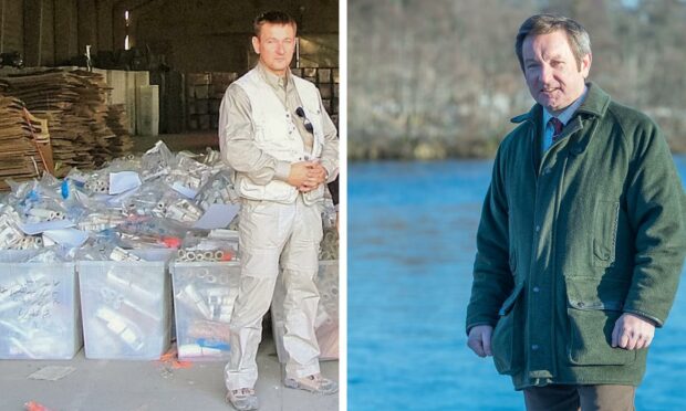 Roger Knight, left, during his previous life working in northern Iraq in 2005, and to the right, in his current role as director of the Spey Fishery Board.