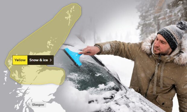 Collage of yellow warning area over photo of man scraping ice off windshield