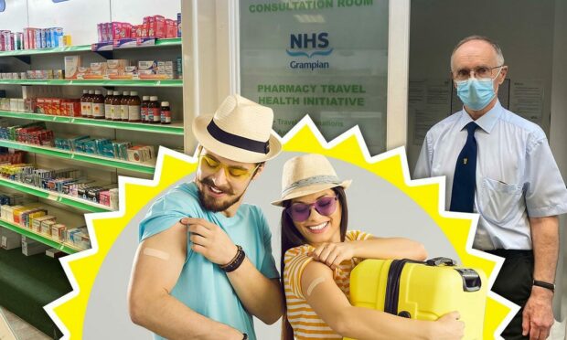 Image of duo going on holiday, side by side with local pharmacist offering travel vaccinations.