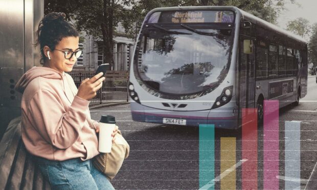 Young woman with a bus approaching