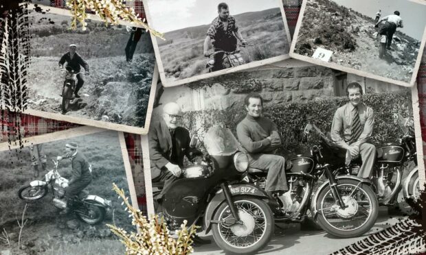 Main picture: The Grant Twins, Bill and John with their father Ian. Bottom left, clockwise: Bill Grant, Sandy 'Don' Sutherland, the late Willie Pitblado from Dunfermline; and unknown rider toiling up steep gradient during the Rogart White Heather Trials