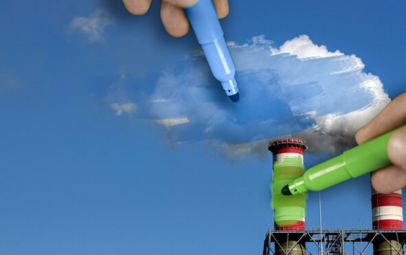 Visual representation of greenwashing, blue marker over clouds.
