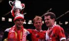 Theo Snelders, Alex McLeish and Brian Irvine celebrate after Aberdeen's 1990 Scottish Cup win.