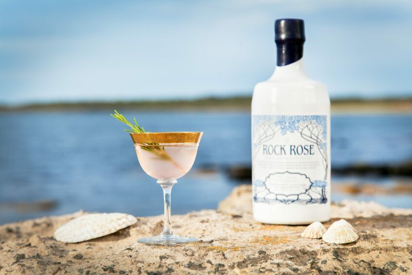 Dunnet Bay Rock Rose gin bottle and glass opposite sea.