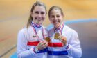 Neah Evans (right) and Laura Kenny after winning the madison at the National Track Cycling Championships