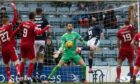 Dundee's Danny Mullen scores to make it 2-2 against Aberdeen at Dens Park.
