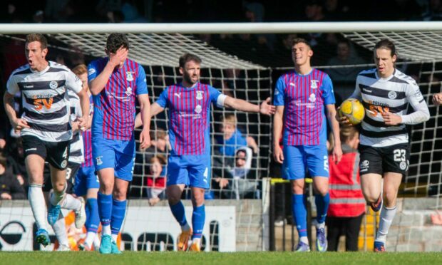 Ayr's Markus Fjortoft (far right) celebrates his equaliser.