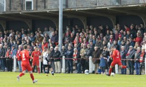 Fans watch on during a cinch League Two promotion play-off match between Bonnyrigg Rose and Fraserburgh.