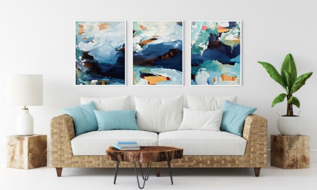 Abstract Waterfall Canvas set of three, £300, Abstract House with furnishings in blues, whites and natural materials.