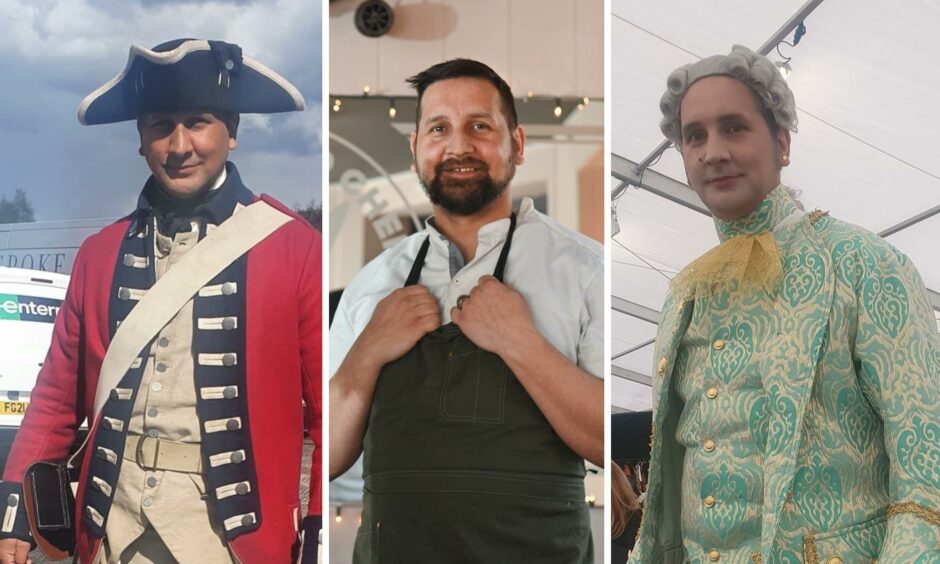 A collage of Aaron Judge, the Bearded Chef, in costume. Left, in Outlander, centre in his chef whites, and right in a regency-style wig for an unknown role.