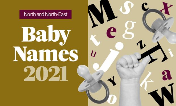 A picture of a graphic with the wording Baby Names 2021 beside letters and a baby's hand