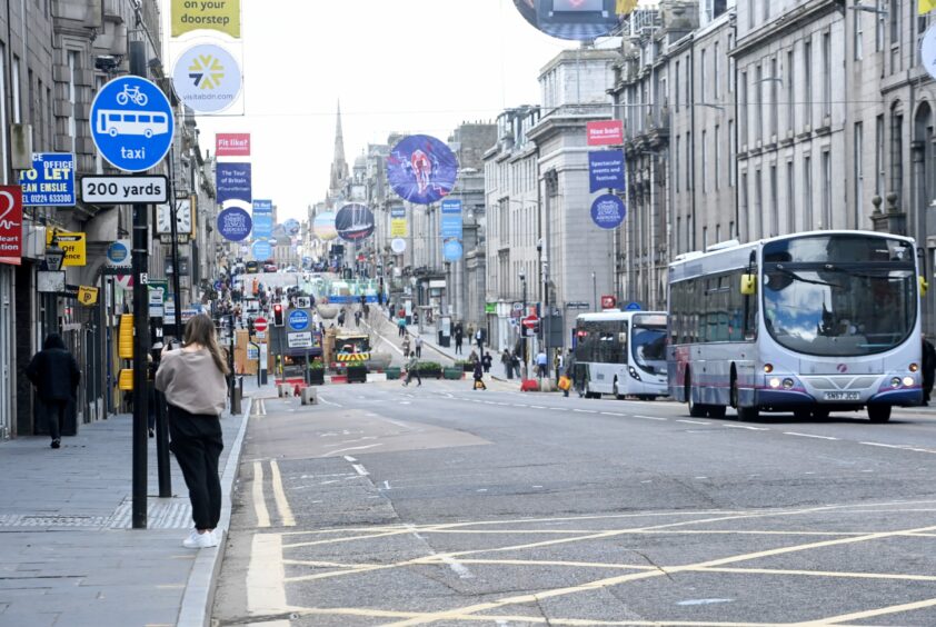 Buses rolling through Market Street bus gate on Aberdeen's Union Street. Picture by Chris Sumner/DCT Media.