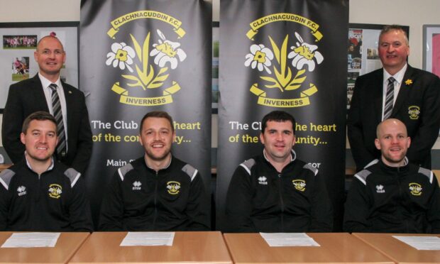 Pictured, back row from left to right, Clach director of football Scott Dowling and chairman Alex Chisholm. Front row, Clach's management team Tommy Wilson, Michael Mackenzie, manager Jordan MacDonald and Martin Callum