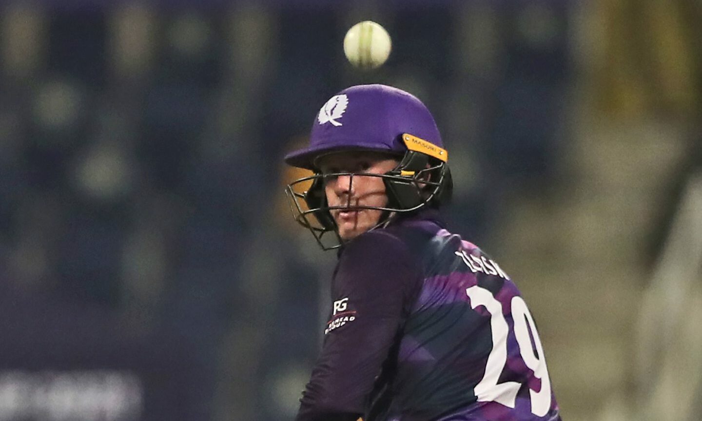 Scotland's Michael Leask bats during the Cricket Twenty20 World Cup match between Namibia and Scotland