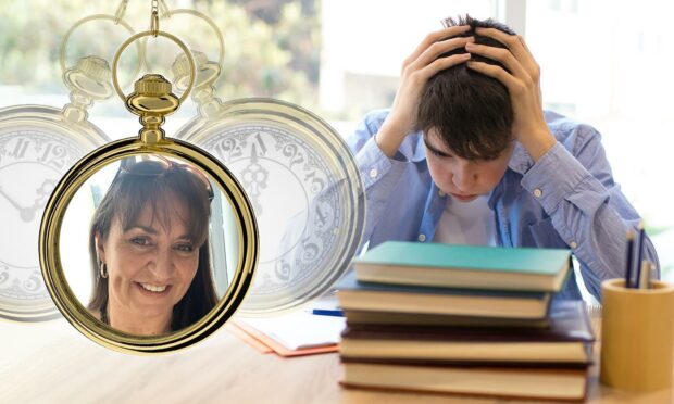 Stressed student with hands over his head next to pile of books and homework, meanwhile there's a ticking clock with Arlene Wilson in the middle of it