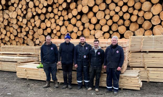 Some of the GMG Energy team: l-r wood processing operator David Greaves, managing director Malcolm Morrison, sawmill manager Aaron Smith, wood processing operator Liam Forbes and site manager Malcolm Nicolson.