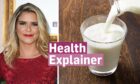 Gemma Oaten next to a glass of milk with the "health explainer" logo