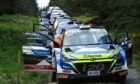 John Wink's Hyundai	i20 R5 heads the queue at the 2022 Speyside Stages sponsors day.