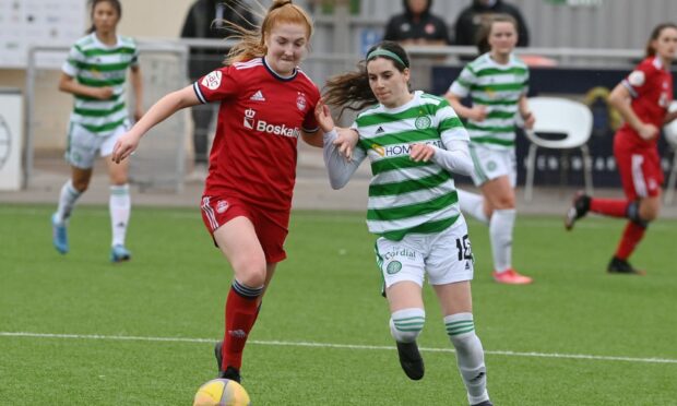 Aberdeen Women midfielder Eilidh Shore battles with Celtic's Clarissa Larisey - Shore is one of five Dons Women players who has signed a semi-professional deal.