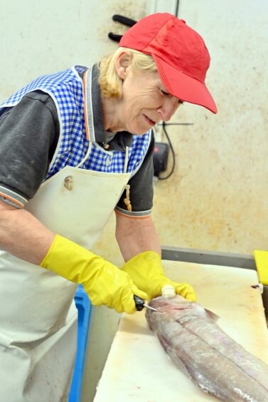 Susan is wearing a red hat, white apron and yellow gloves while handling a fish.