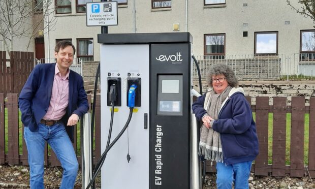 MSP Liam Kerr and Councillor Gillian Owen at the new electric vehicle recharging point in Ellon.