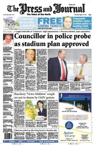 The Press And Journal front page on August 22 2002, detailing the allegations against David Maitland as plans for Aberdeen FC's stadium were approved. Picture by DCT Media.