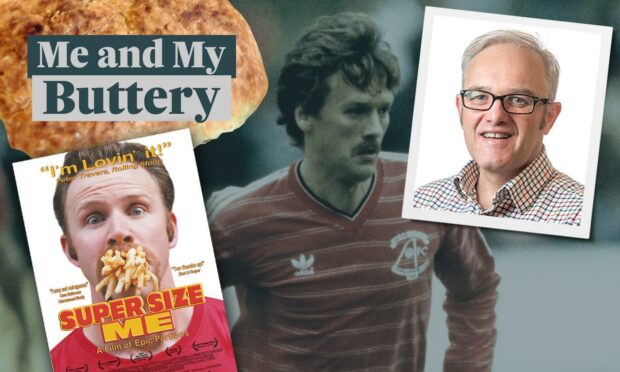 Collage of Dougie Bell, Alan Bell, a buttery and Super Size me poster