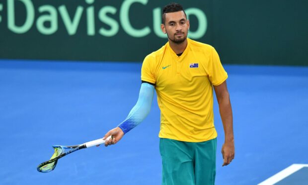 Nick Kyrgios of Australia after breaking his racquet during a Davis Cup tie in 2018.