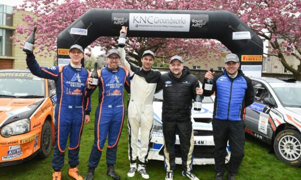 The podium at the 2019 Speyside Stages, with winning driver Euan Thorburn far right alongside co-driver Paul Beaton.