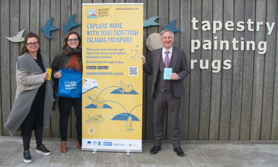 (L-R) Cheryl Chapman, Visit Scotland; Sarah Compton-Bishop, Scottish Islands Passport Project; Ivan McKee MSP. Picture credit Tracey Maree