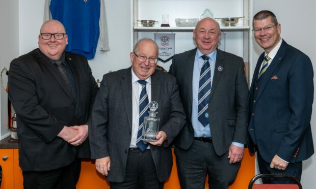 From left to right: Fraserburgh chairman and Aberdeenshire and District FA president Finlay Noble, Highland League secretary Rod Houston, former president of the Highland League Dennis Bridgeford and SPFL chief executive Neil Doncaster.