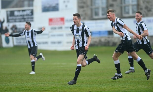 Paul Young, centre, celebrates scoring for Fraserburgh against Forres as they won the Breedon Highland League title.
