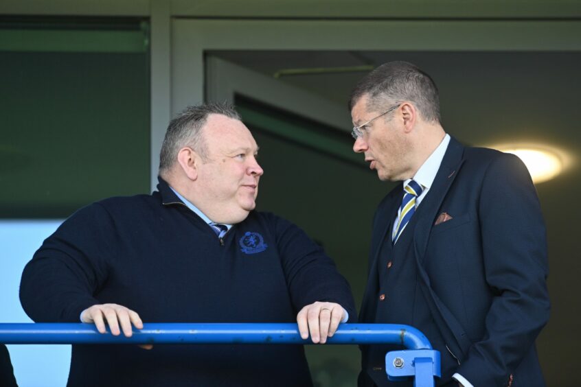 Cove Rangers chairman Keith Moorhouse speaks to Neil Doncaster