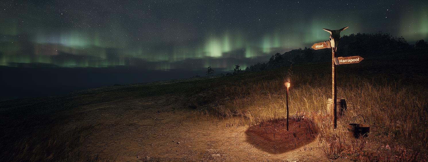 One of the frames in the video game inspired by the Isle of Skye with northern lights and natural elements.