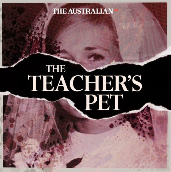 A sepia toned photograph of a woman in a wedding veil torn in two with the words "The Teachers Pet" in between the two halves