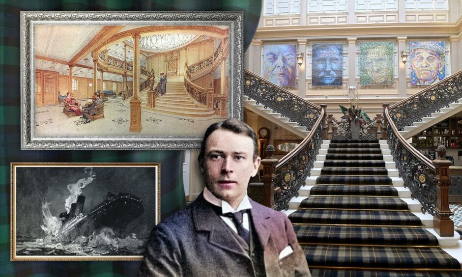 The Inverness hotel staircase, with an image of Thomas Andrews, and the Titanic.